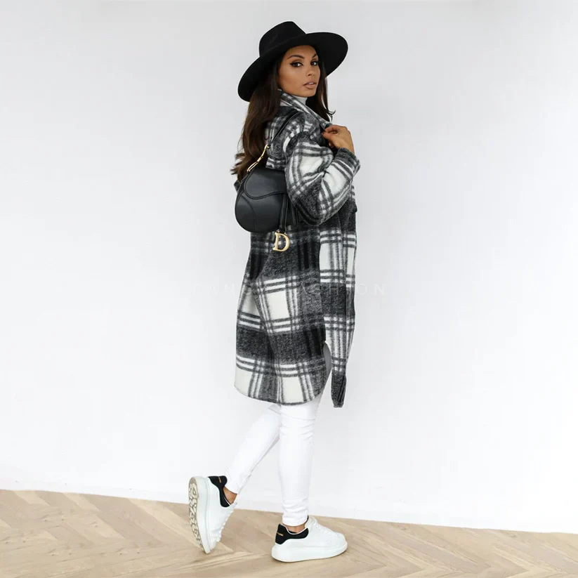 Harlow - long checked winter coat with belt