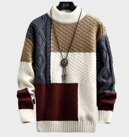 Knitted Men's Sweater with Ribbed Sleeves