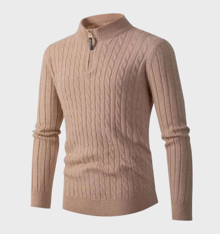 Slim-Fit Knitted Men's Sweater with Stand Collar and Zipper