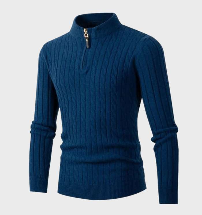 Slim-Fit Knitted Men's Sweater with Stand Collar and Zipper