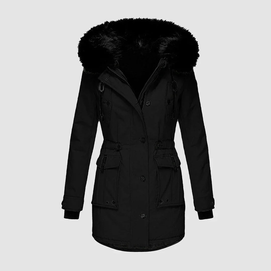 Stylish women's parka with black faux fur trim