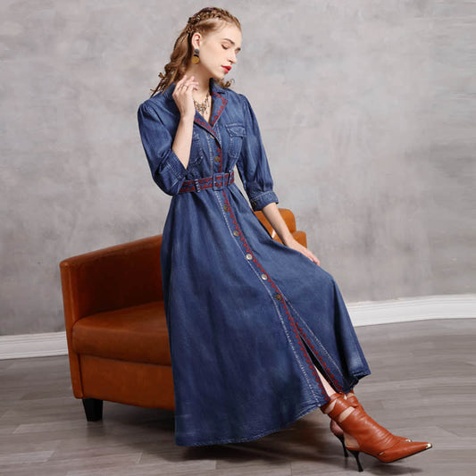 Mid-Length Belted Denim Dress