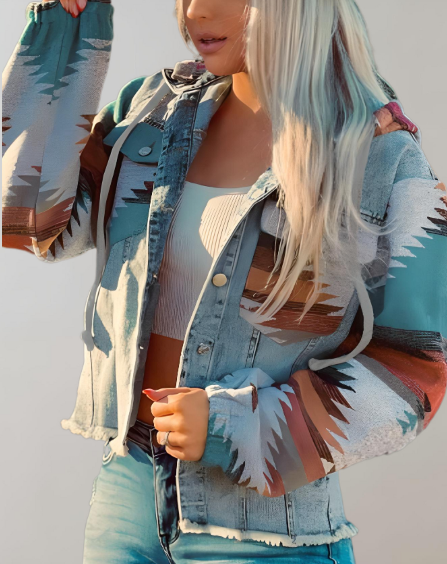 Women's Denim-Style Jacket with Multicolored Hood