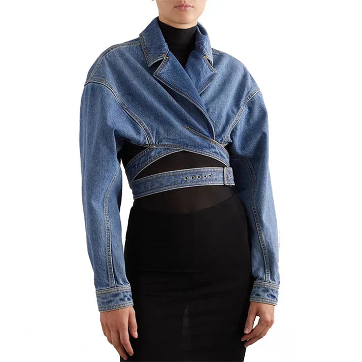 Short asymmetric denim jacket with adjustable belt - zoey