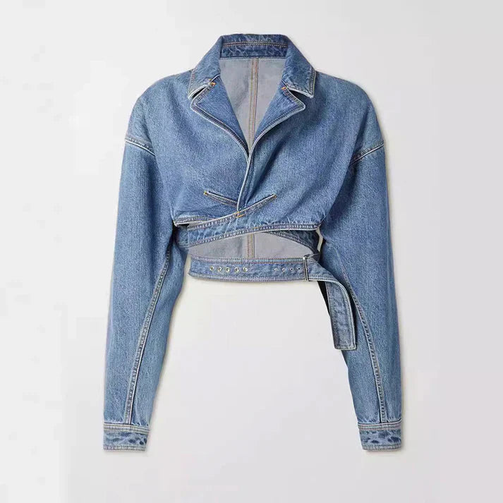 Short asymmetric denim jacket with adjustable belt - zoey