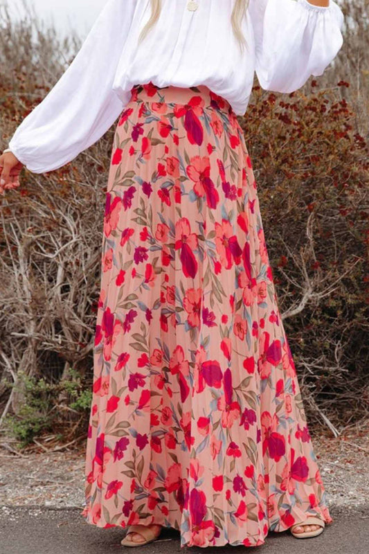 Belle - floral printed elastic waist pleated skirt