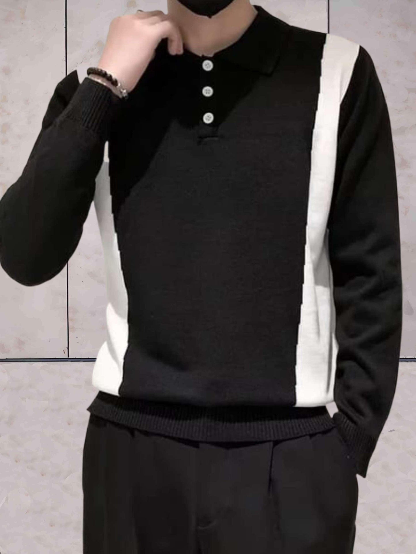 Plain Slim-Fit Sweater with Ribbed Sleeves and Polo Collar for Men