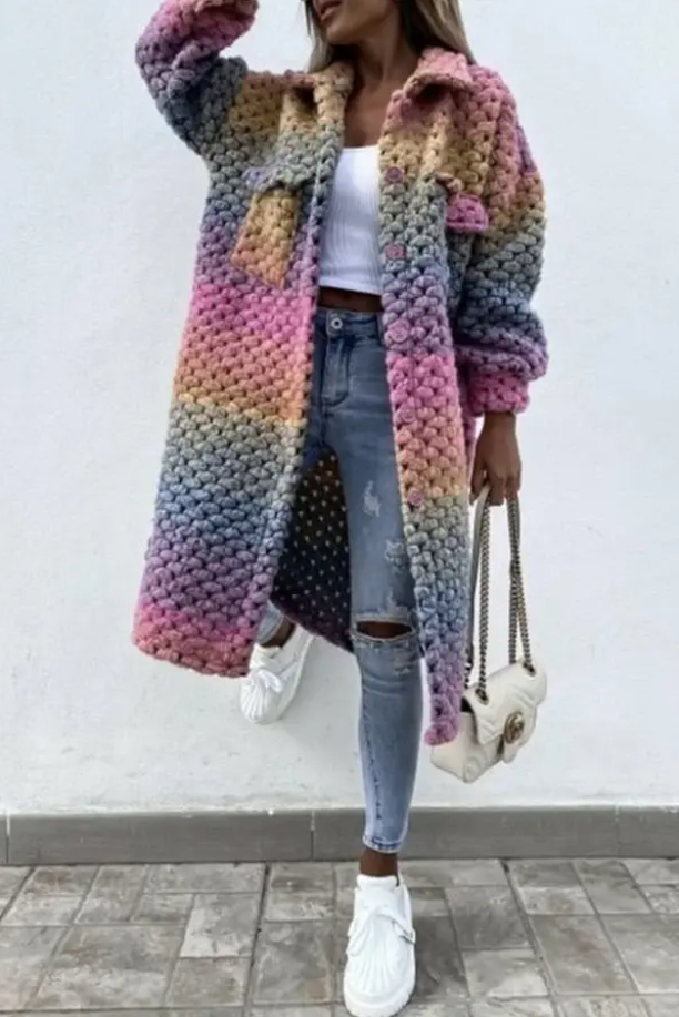 JENNA - long braided coat in rainbow colors