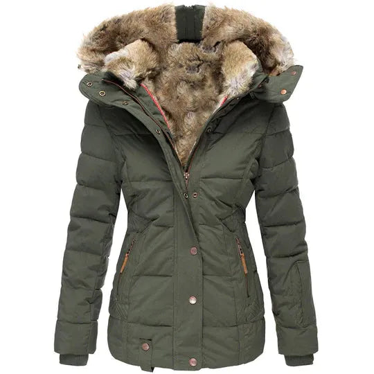 Warm women's coat with fur hood in winter design for autumn/winter