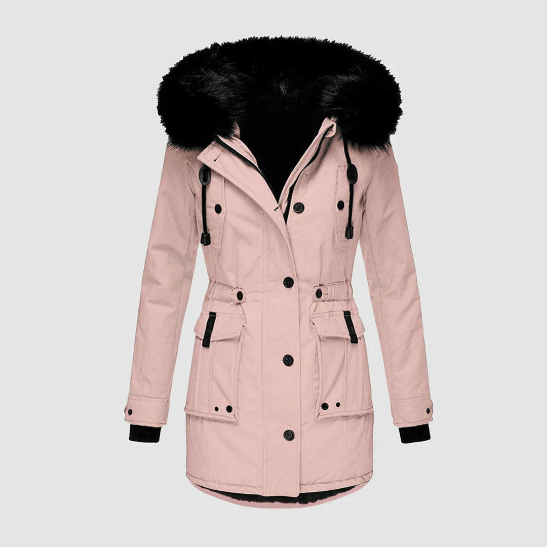 Stylish women's parka with black faux fur trim