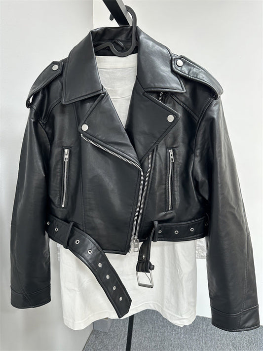 Vintage Short Leather Jacket with Lapels for Women