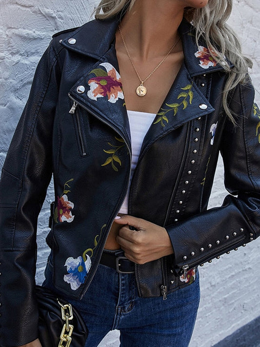 Leather Women's Jacket with Embroidered Flowers