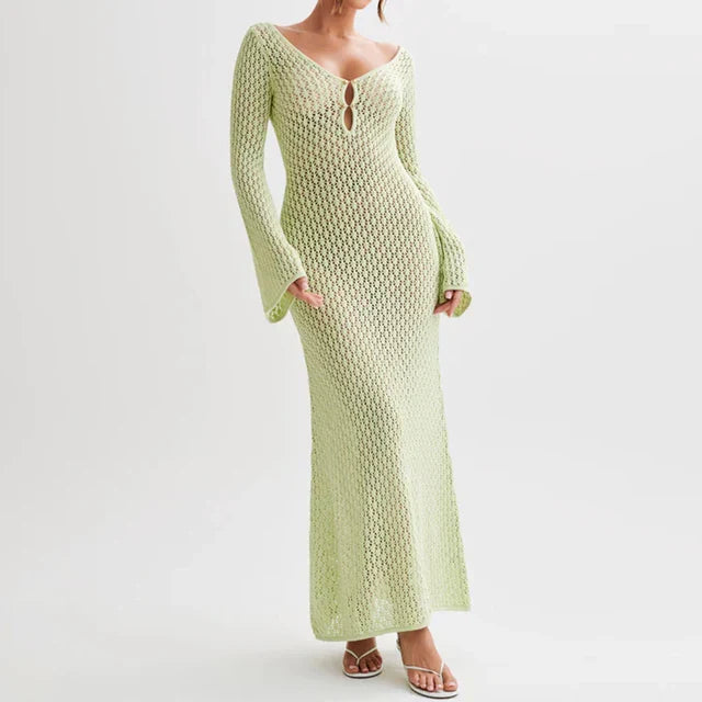 Farah | Long knitted beach dress with V-neck bikini cover-up dress