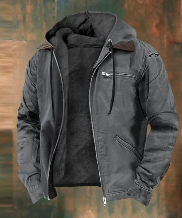 Robust men's jacket with hood, zipper and soft fleece lining