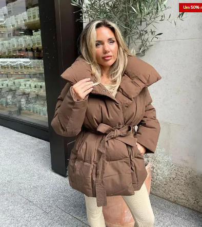 Luxury wrap puffer for women with belted waistband