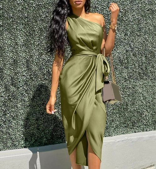 Sophia - green satin one-shoulder maxi dress