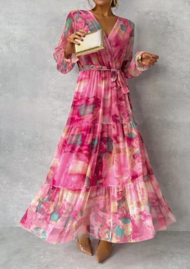 Evelyn – Watercolor Dream Maxi Dress with V-Neckline and Long Sleeves