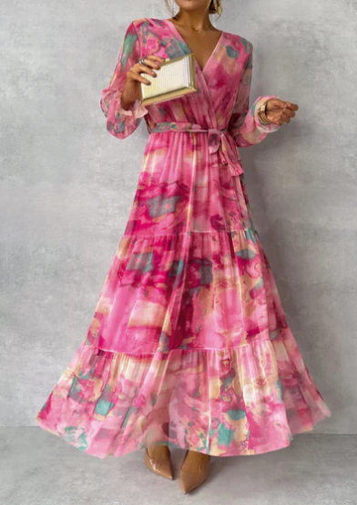Evelyn - watercolor dream maxi dress with v-neck and long sleeves
