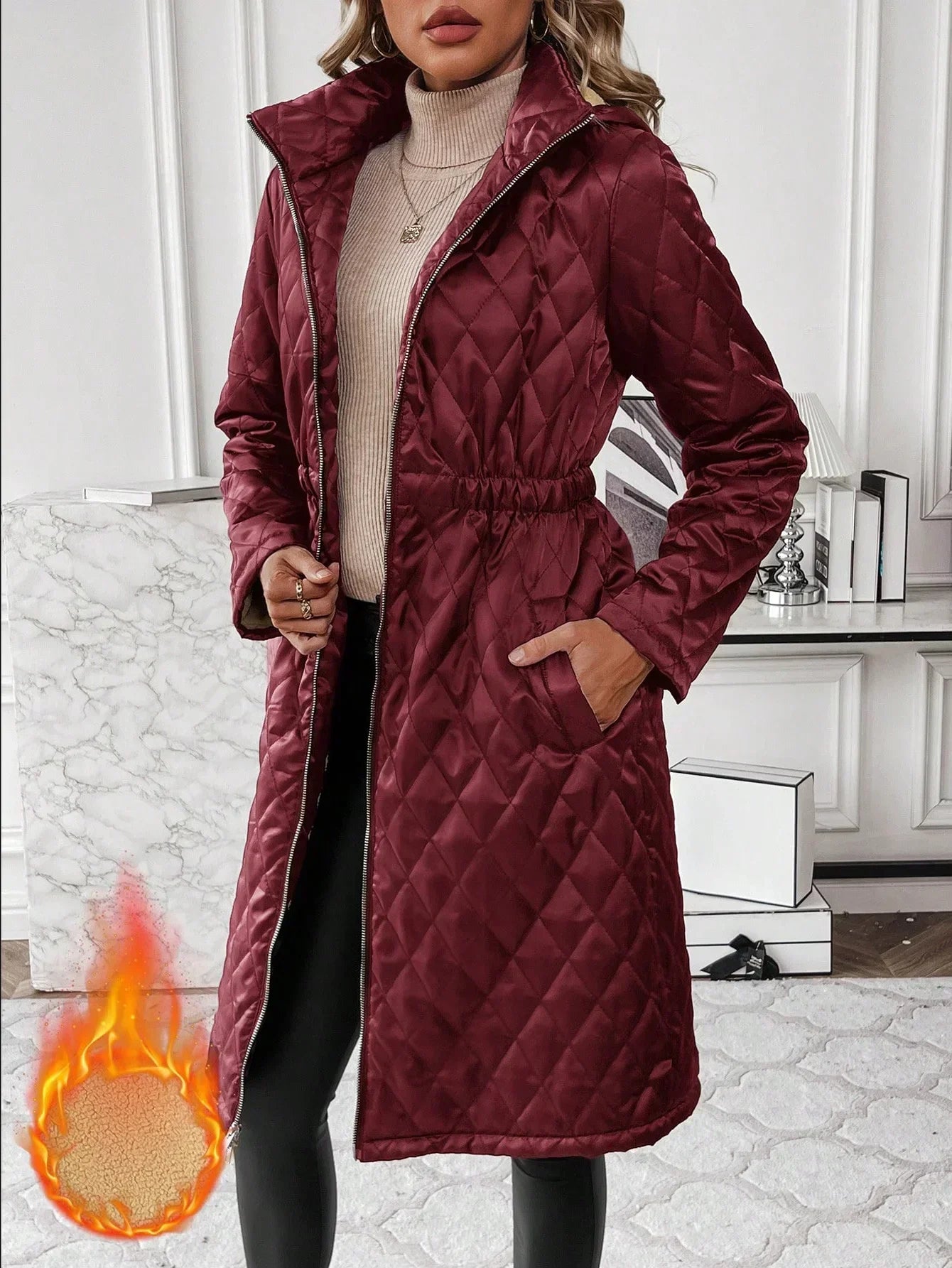 Aurora - Red Long Padded Cotton Jacket with Waist Tie