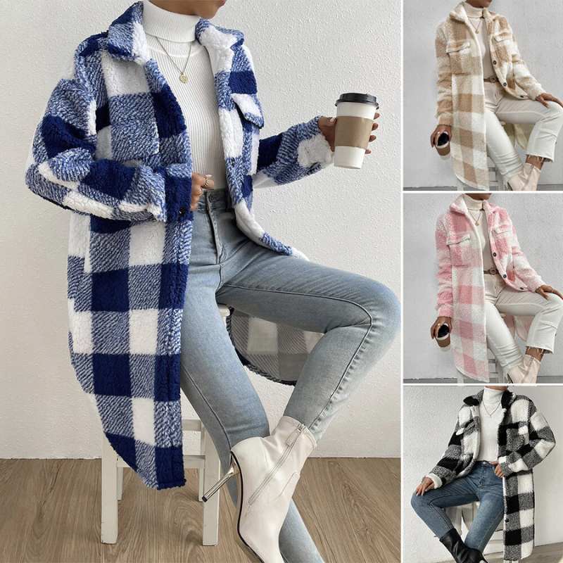 Scarlett - Open Button Plush Plaid Midi Jacket