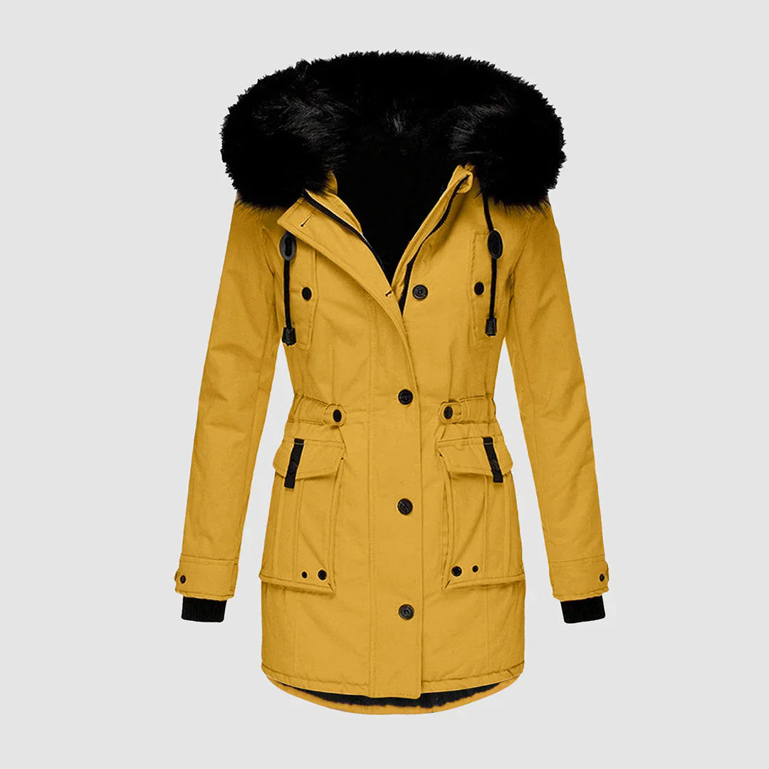 Stylish women's parka with black faux fur trim