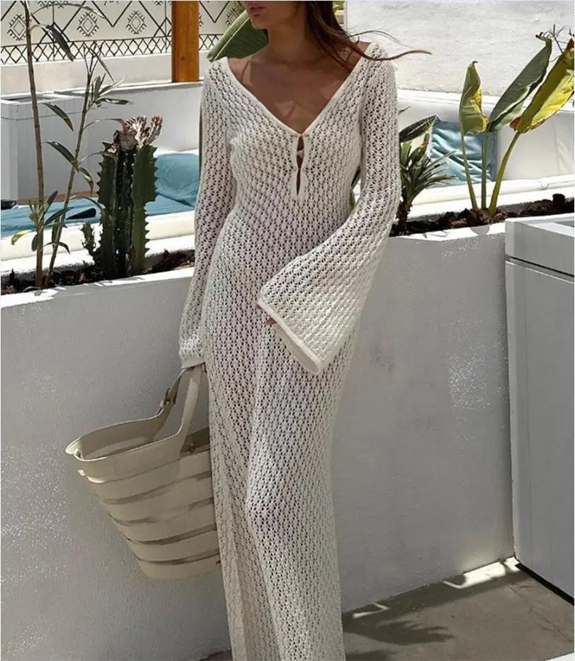 Farah | Long knitted beach dress with V-neck bikini cover-up dress