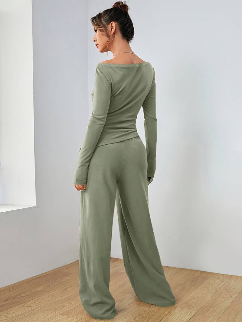 Belezza – solid, casual set of long sleeve shirt and wide leg trousers