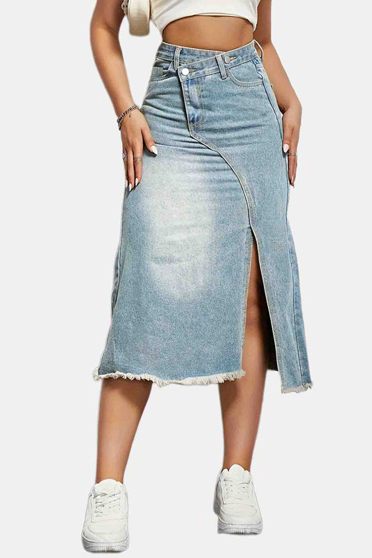 Karla - irregular front slit denim midi skirt