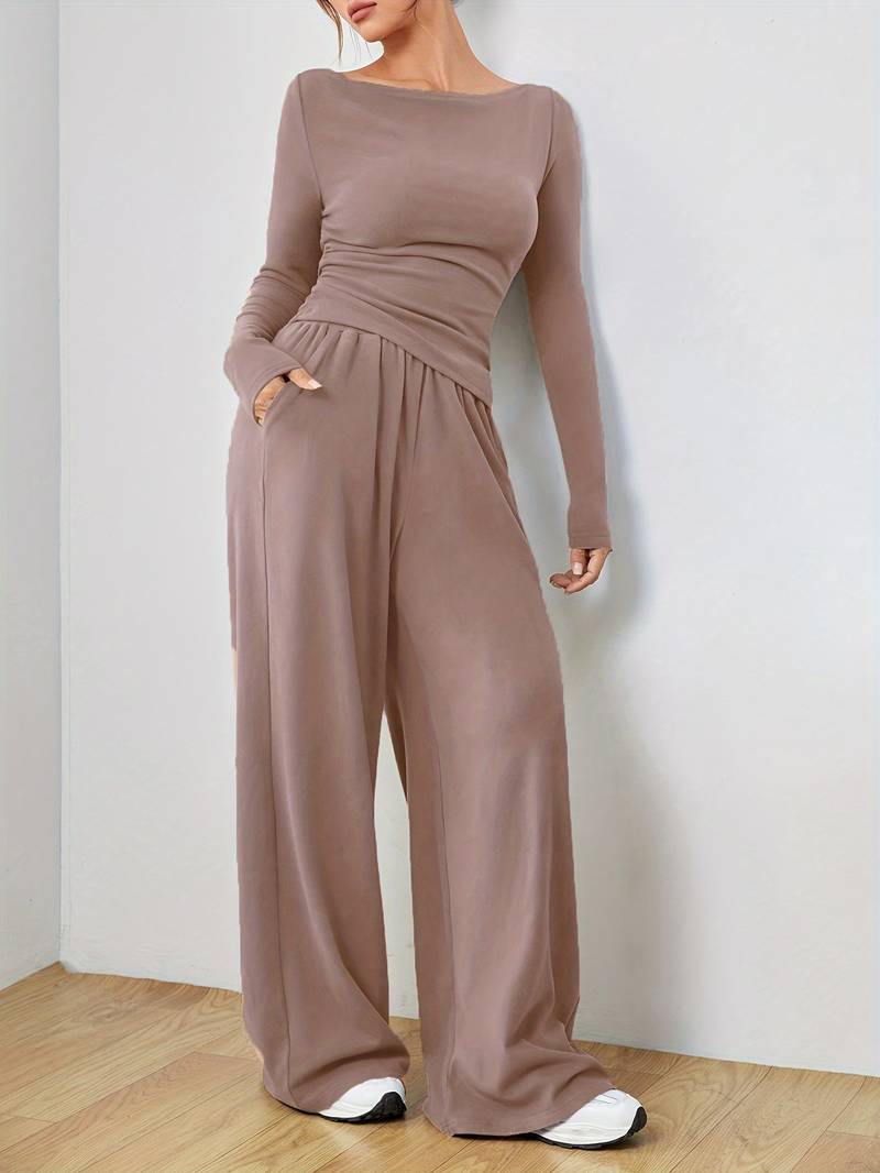 Belezza – solid, casual set of long sleeve shirt and wide leg trousers