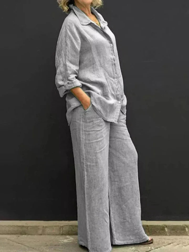 Casual linen ensemble with button placket