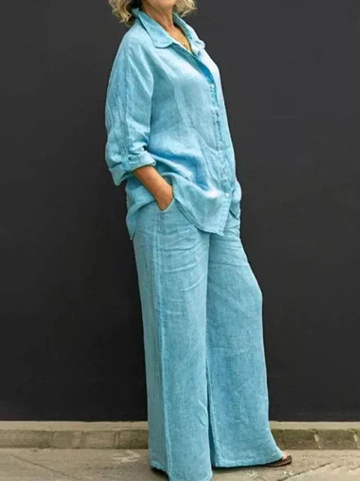 Casual linen ensemble with button placket