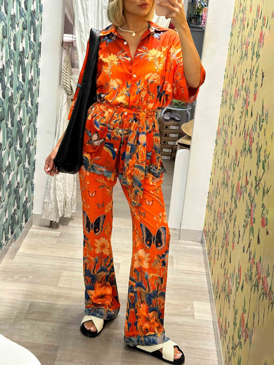 Unique Satin Butterfly Floral Print Side Pocket Straight Pants