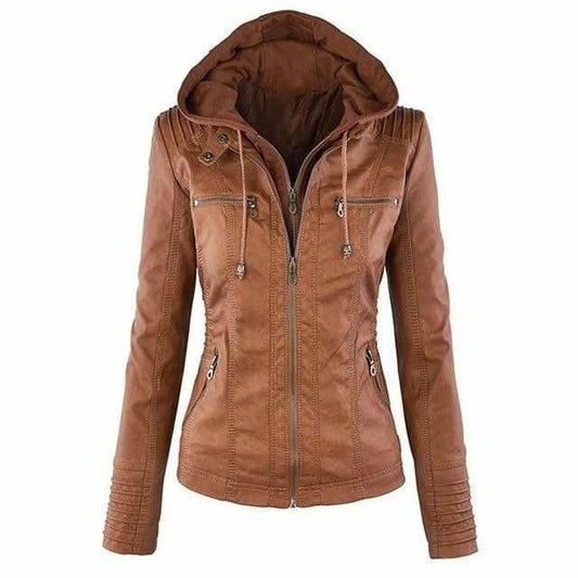 Vintage Leather Jacket with Hood for Women