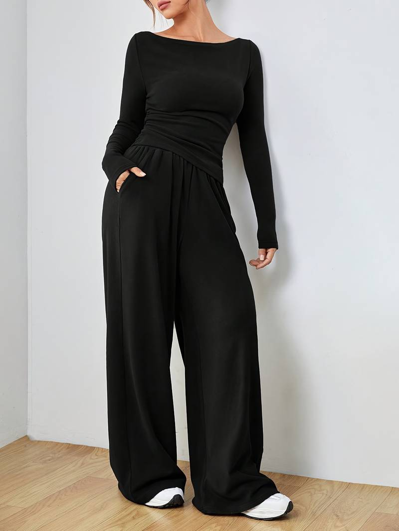 Belezza – solid, casual set of long sleeve shirt and wide leg trousers