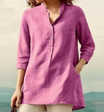 Claudia - plain, casual top made of linen cotton with stand-up collar for spring and autumn