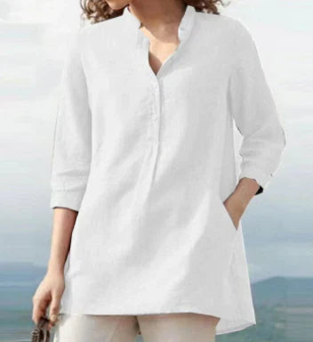 Claudia - plain, casual top made of linen cotton with stand-up collar for spring and autumn