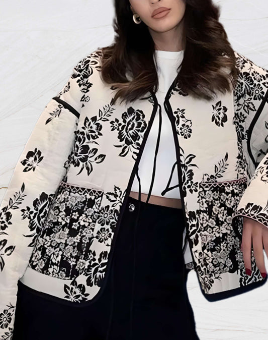 Women's casual jacket with floral print, pockets and open front