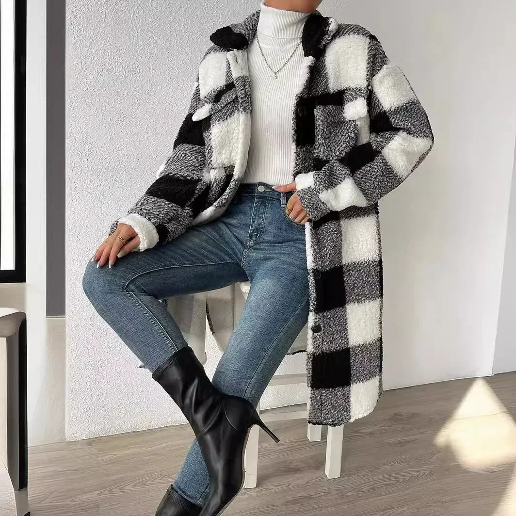 Scarlett - Open Button Plush Plaid Midi Jacket