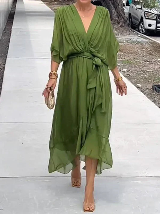 Sophie - green chiffon dress with v-neck