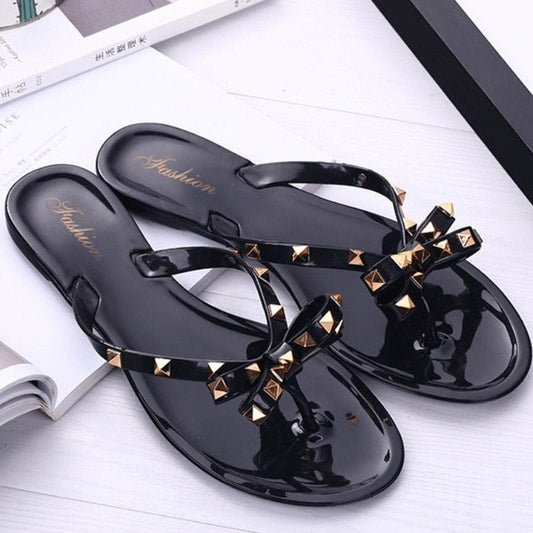 Studded bow-knot flip-flops sandals